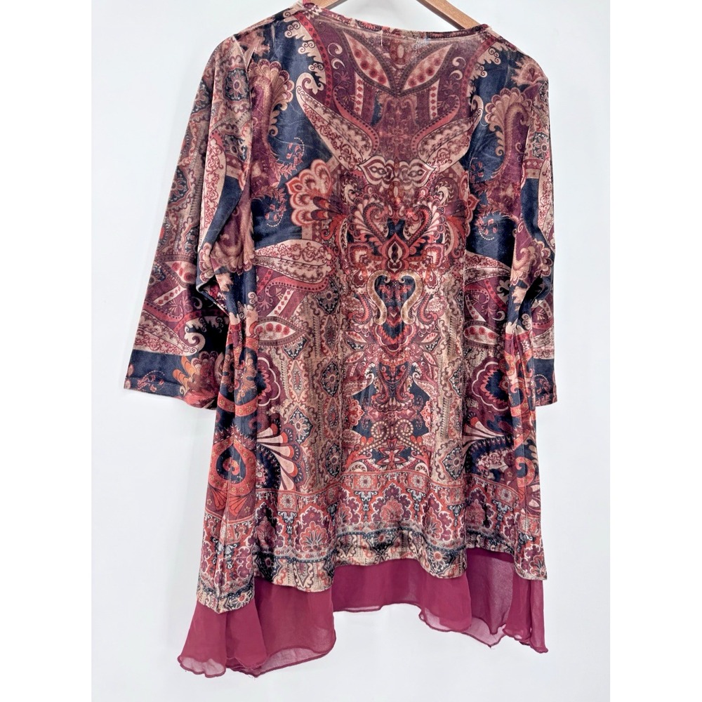 One World Velvet Tunic Blouse 2X Paisley Sheer Hem Boho Fall Festival Whimsigoth